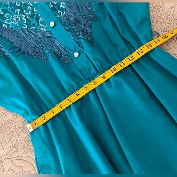 VTG 80s Lilia Guilty Smitty Smith Teal Green Fringed Western Cowgirl Maxi Dress - Picture 10 of 13